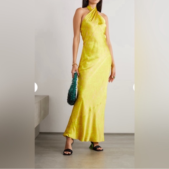 NWT L'AGENCE Estee Twist Neck Dress in Lemon Tonic Python Snake 100% Silk Gown - Picture 8 of 15